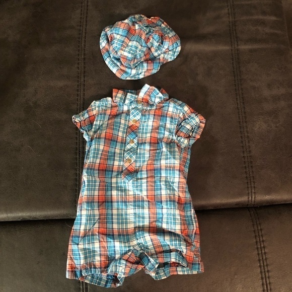 3-6 Month Children’s Place Plaid One Piece Romper and Hat - Picture 1 of 7